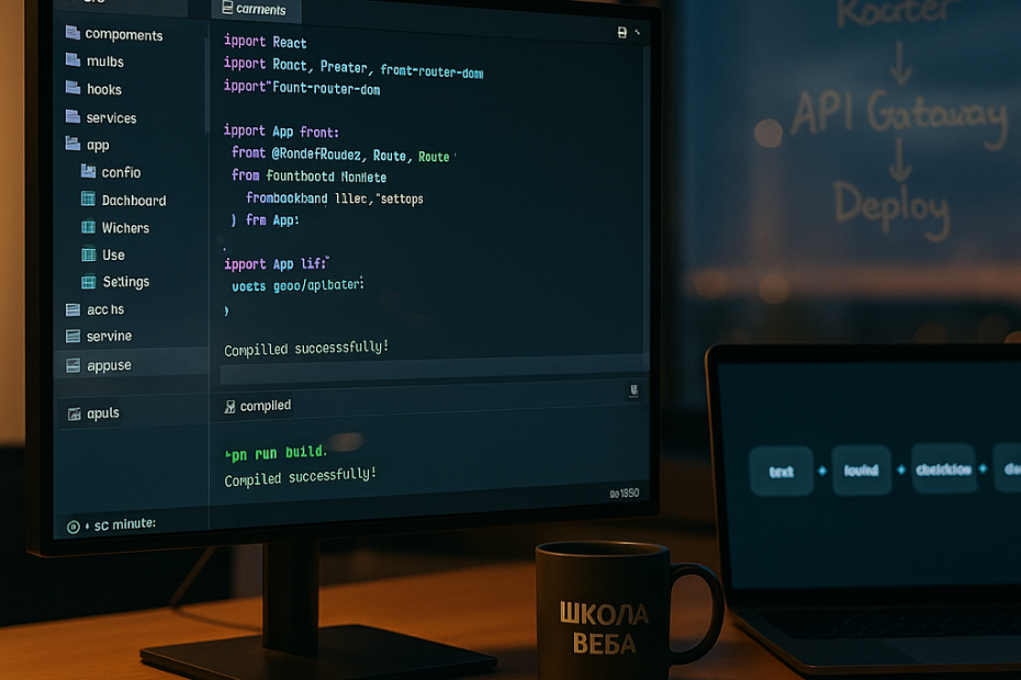 Фотографический герой-кадр рабочего места разработчика React: на мониторе открыт код SPA с маршрутизацией и