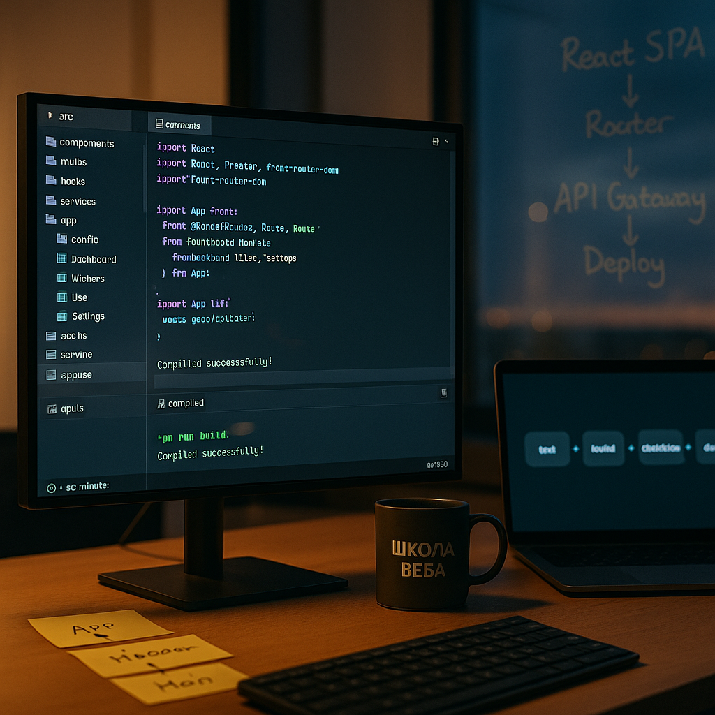 Фотографический герой-кадр рабочего места разработчика React: на мониторе открыт код SPA с маршрутизацией и